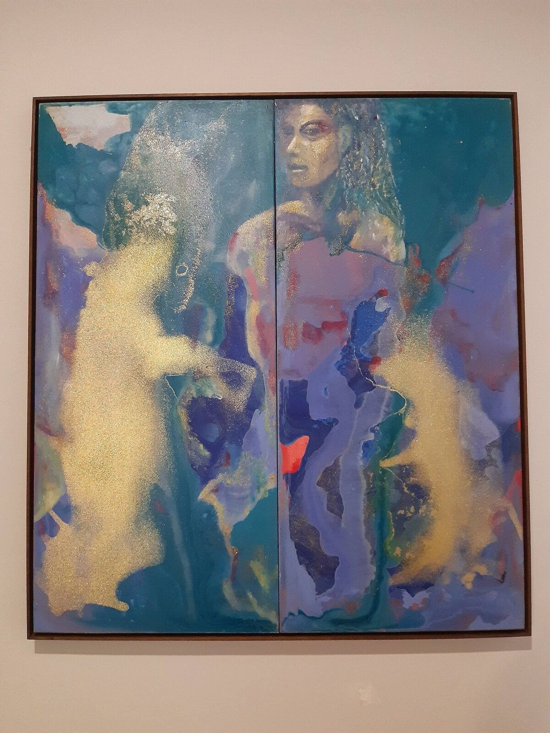 Díptico pintado à mão exposto na sala da Casa da Artista